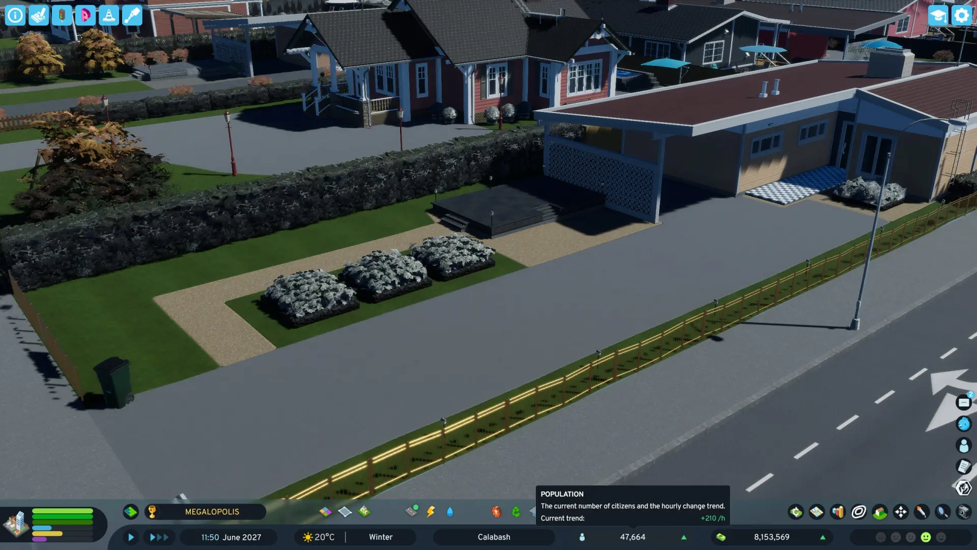 Жилой район в Cities: Skylines 2 с идеально ухоженными, однородными зелёными квадратными газонами и стерильными балконами.