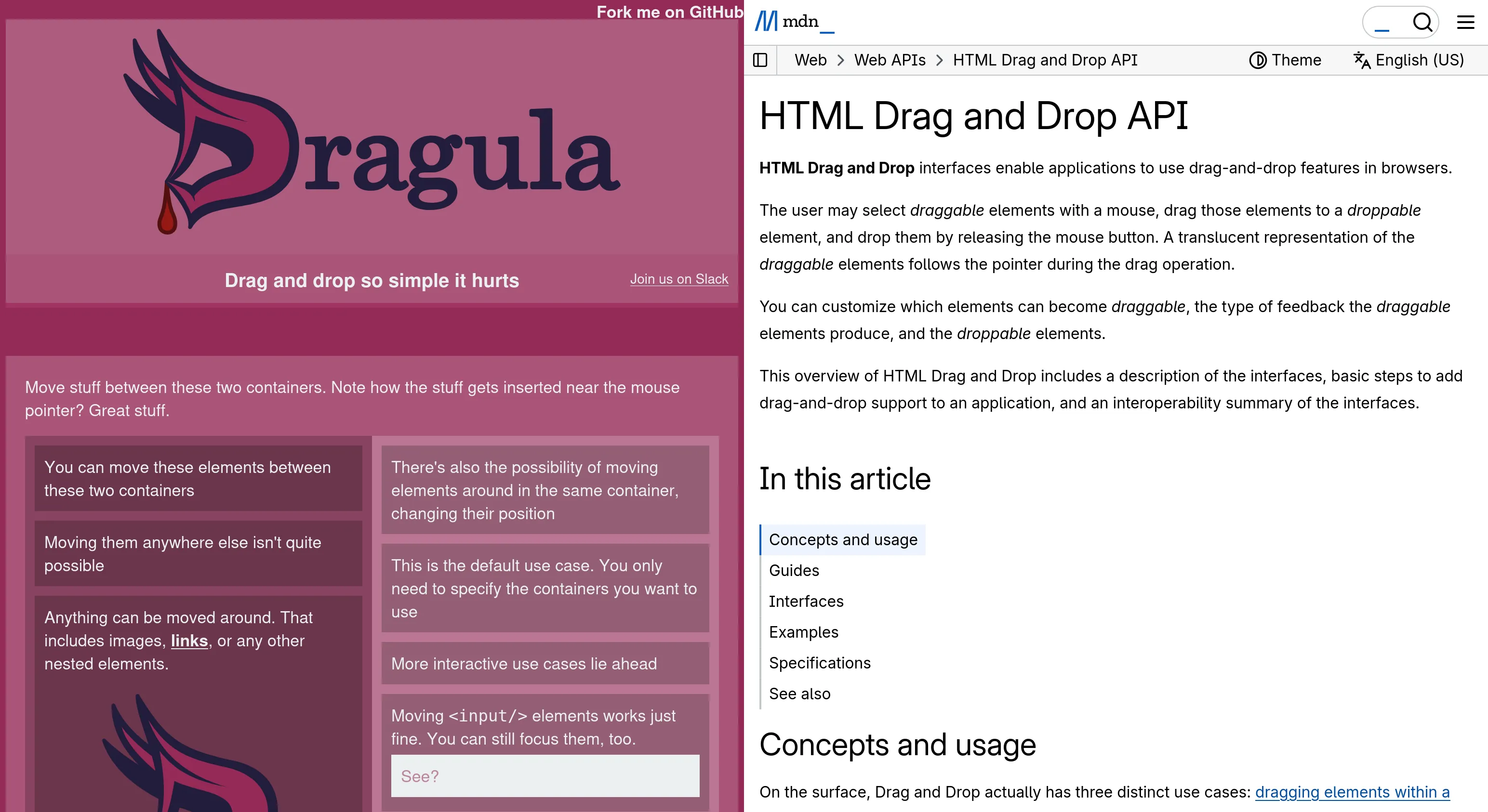 Сравнение сайта Dragula с надписью "drag and drop так просто, что больно" и страницы MDN Drag and Drop API