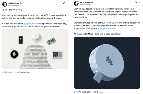 Пост Nat Friedman о программе Muse Gadgets для открытой экосистемы домашних устройств