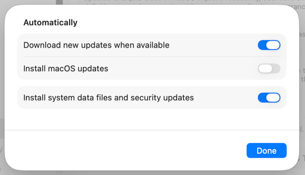 Диалог параметров обновления macOS с опцией автоматической установки обновлений безопасности