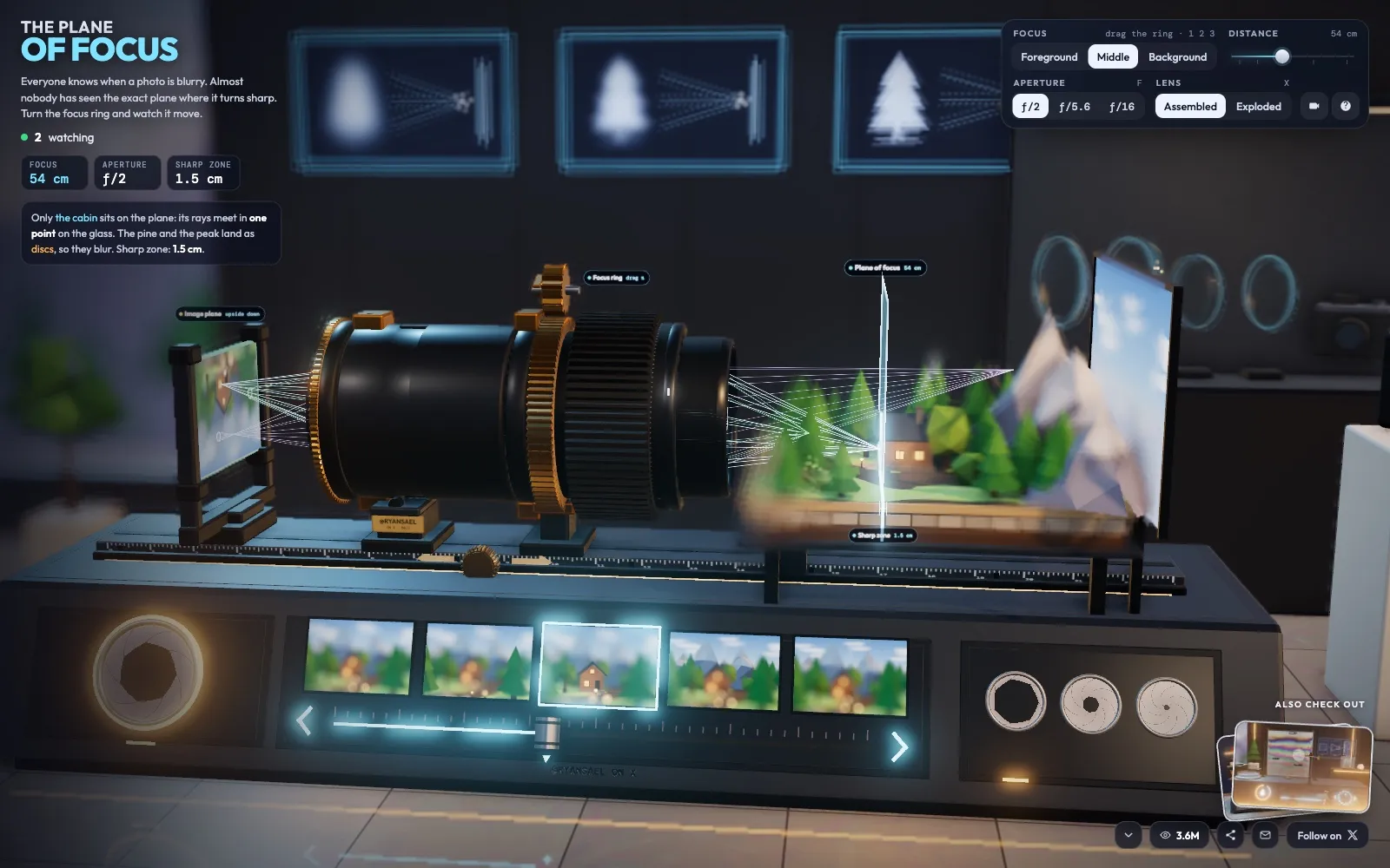 Lens lab от Opus 5.5: 3D камера на оптическом столе с плоскостью фокуса