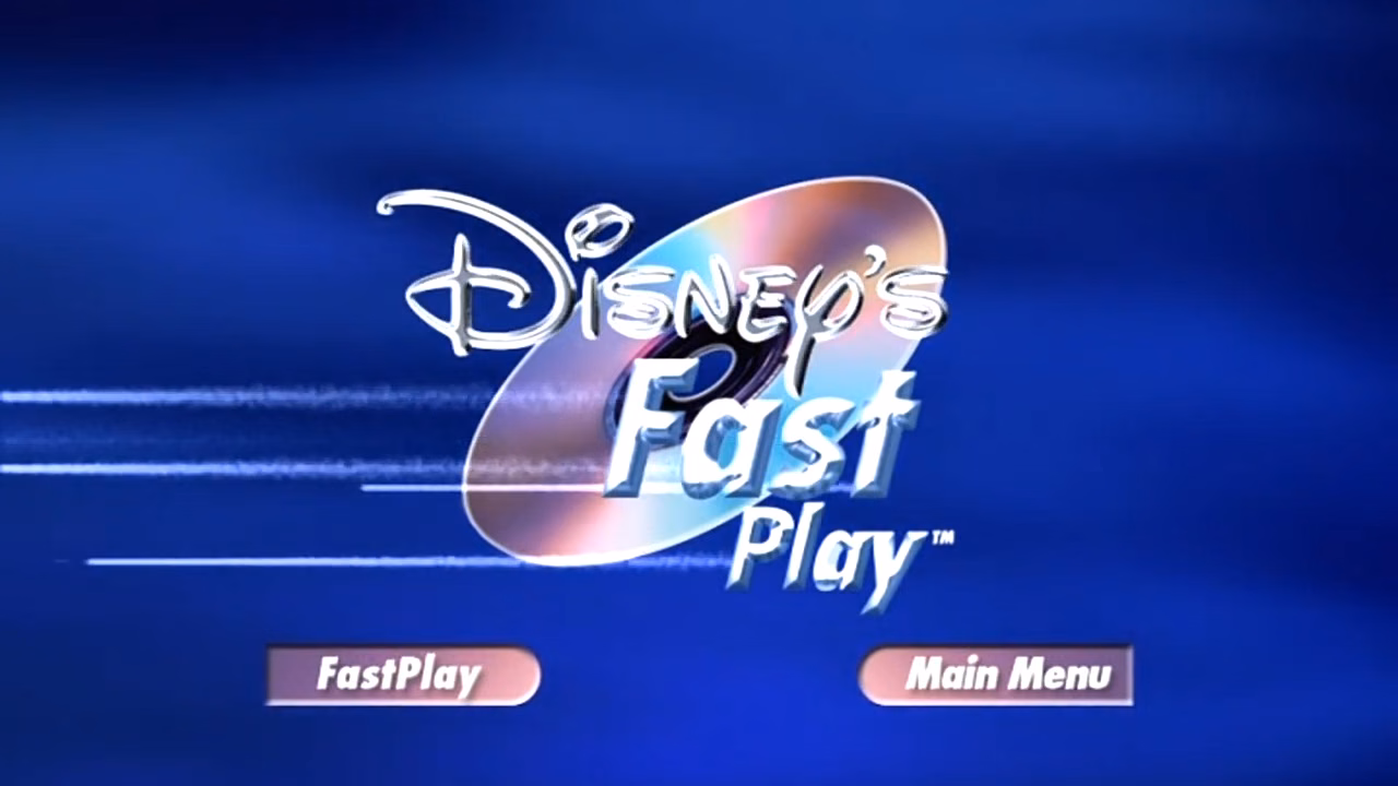 DVD и логотип «Disney's FastPlay» на синем фоне. В нижней части расположены две кнопки: одна с надписью «FastPlay», другая — «Main Menu».