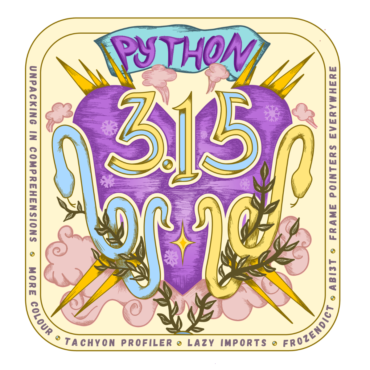 Логотип Python 3.15: фиолетовое сердце с «3.15» синим и жёлтым цветом, фланкированное синей и жёлтой змеями, молниями, розовыми облаками и лавровыми ветвями