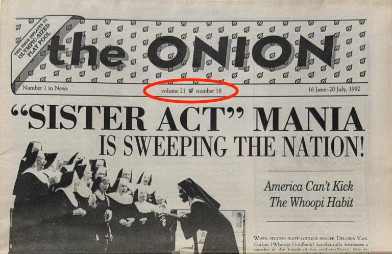 Первая страница The Onion, том 21, выпуск 18, показывающая расположение номеров тома и выпуска.