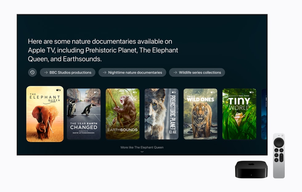 Apple TV 4K выводит сообщение Siri AI с миниатюрами различных документальных фильмов о природе