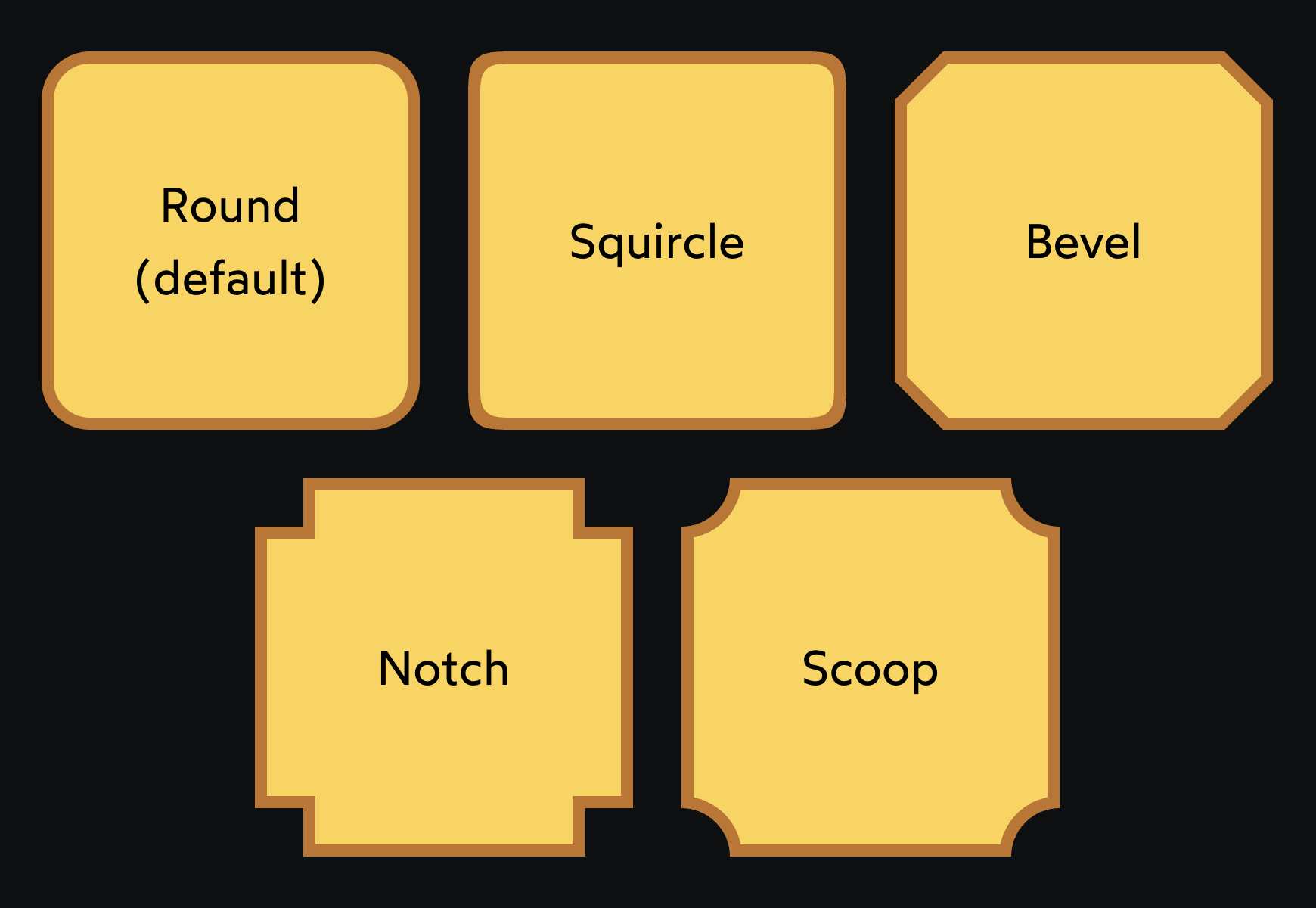 5 квадратов с разными типами углов: round (скруглённые), squircle (суперэллипс), bevel (45-градусный скос), notch (квадратный срез) и scoop (круглый срез)