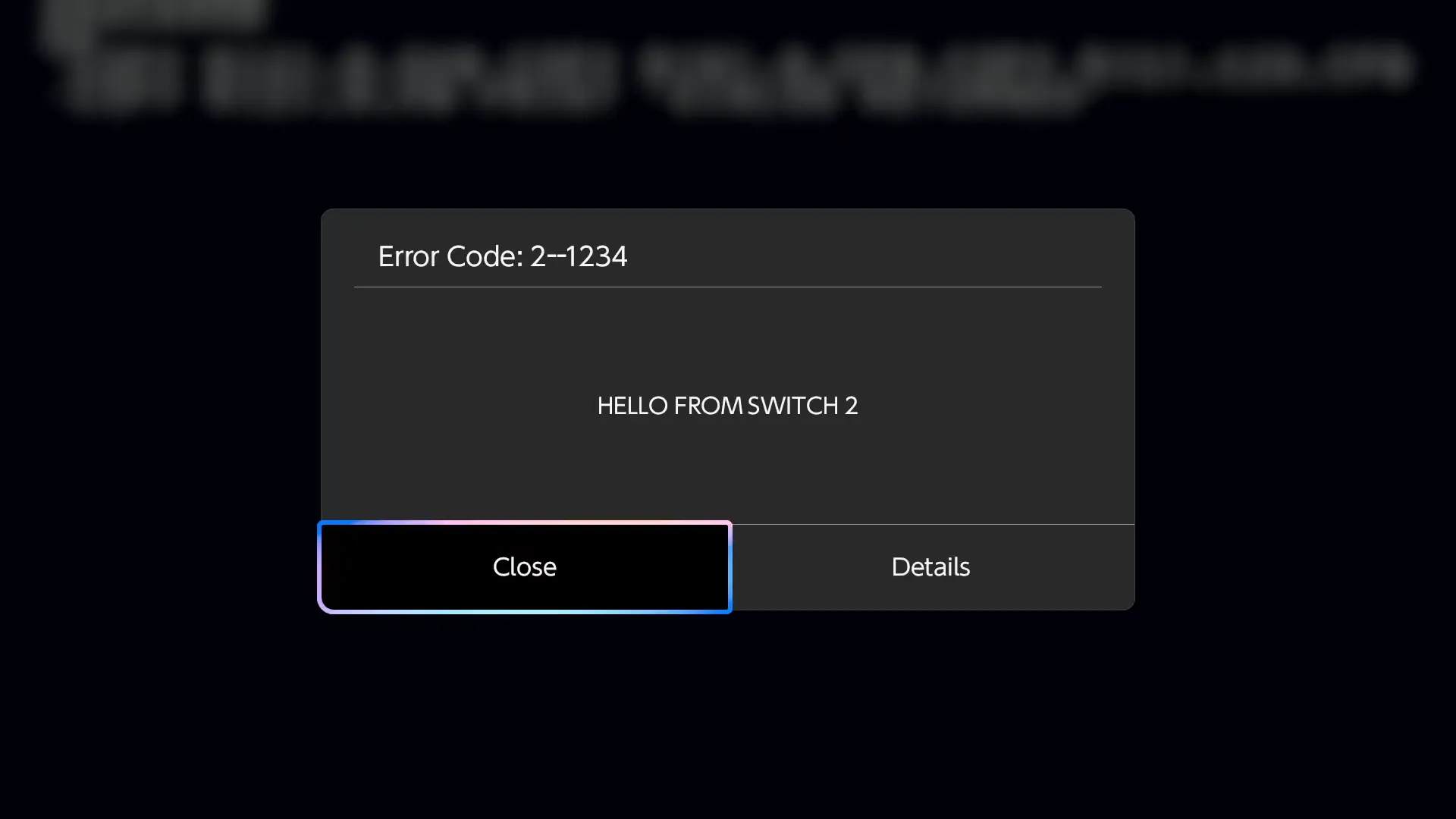 Диалог ошибки 'HELLO FROM SWITCH 2'