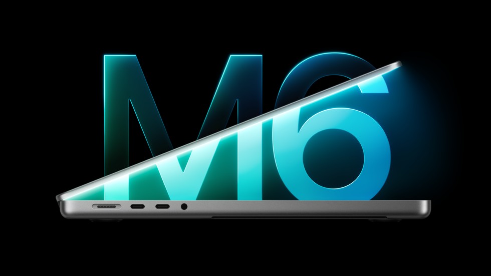 Боковой вид частично открытого 14-дюймового MacBook Pro с M6 на фоне светящегося логотипа M6.