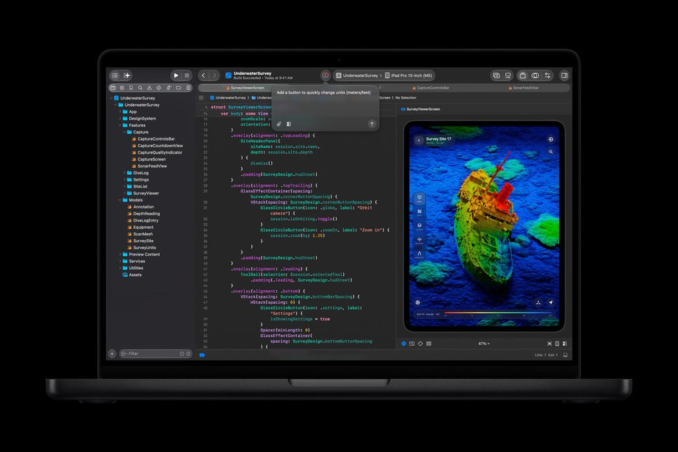 Строки кода компилируются в Xcode на новом 14-дюймовом MacBook Pro с M6.