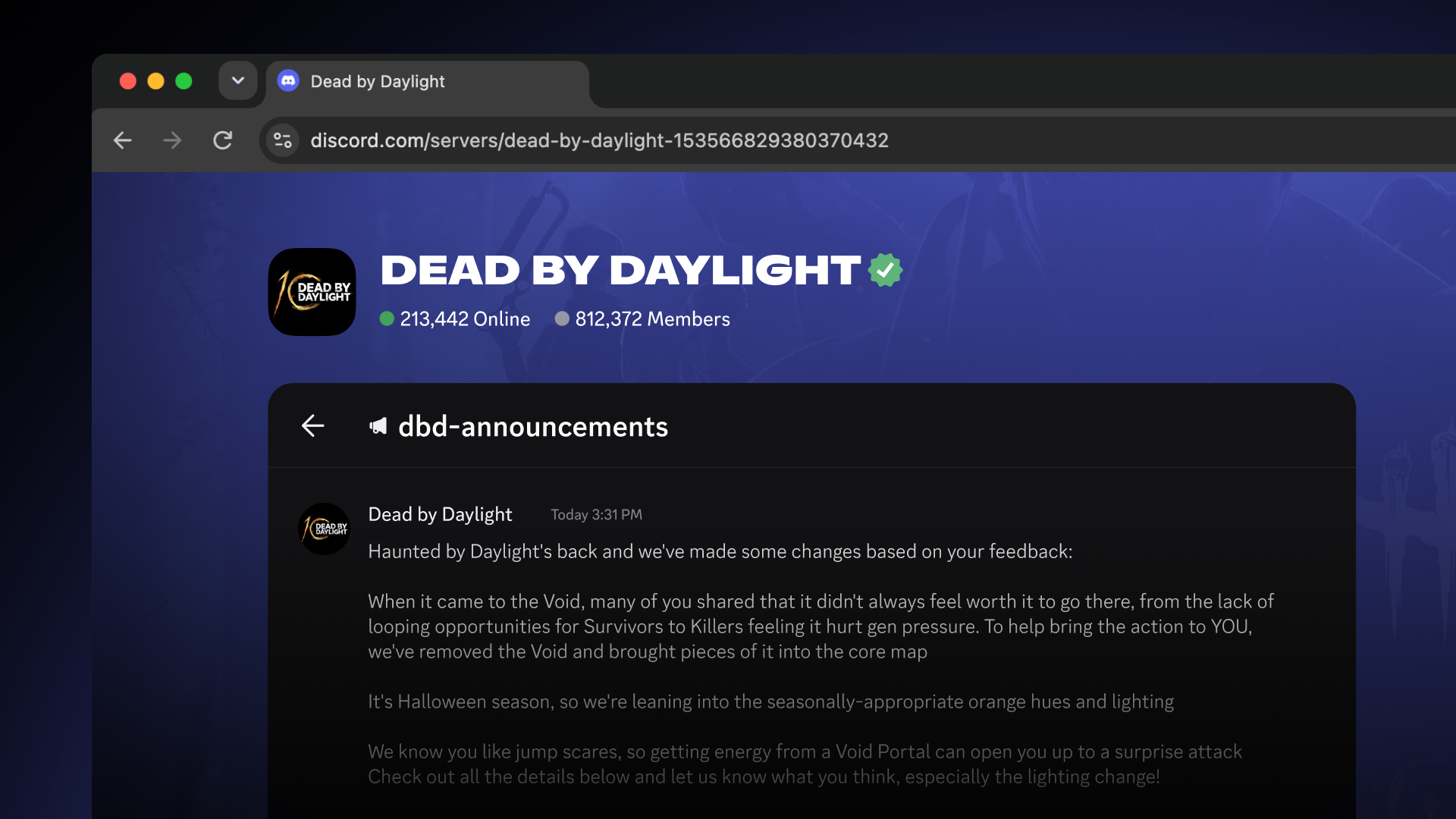 Server Announcement отображается на Server Web Page для Dead by Daylight.