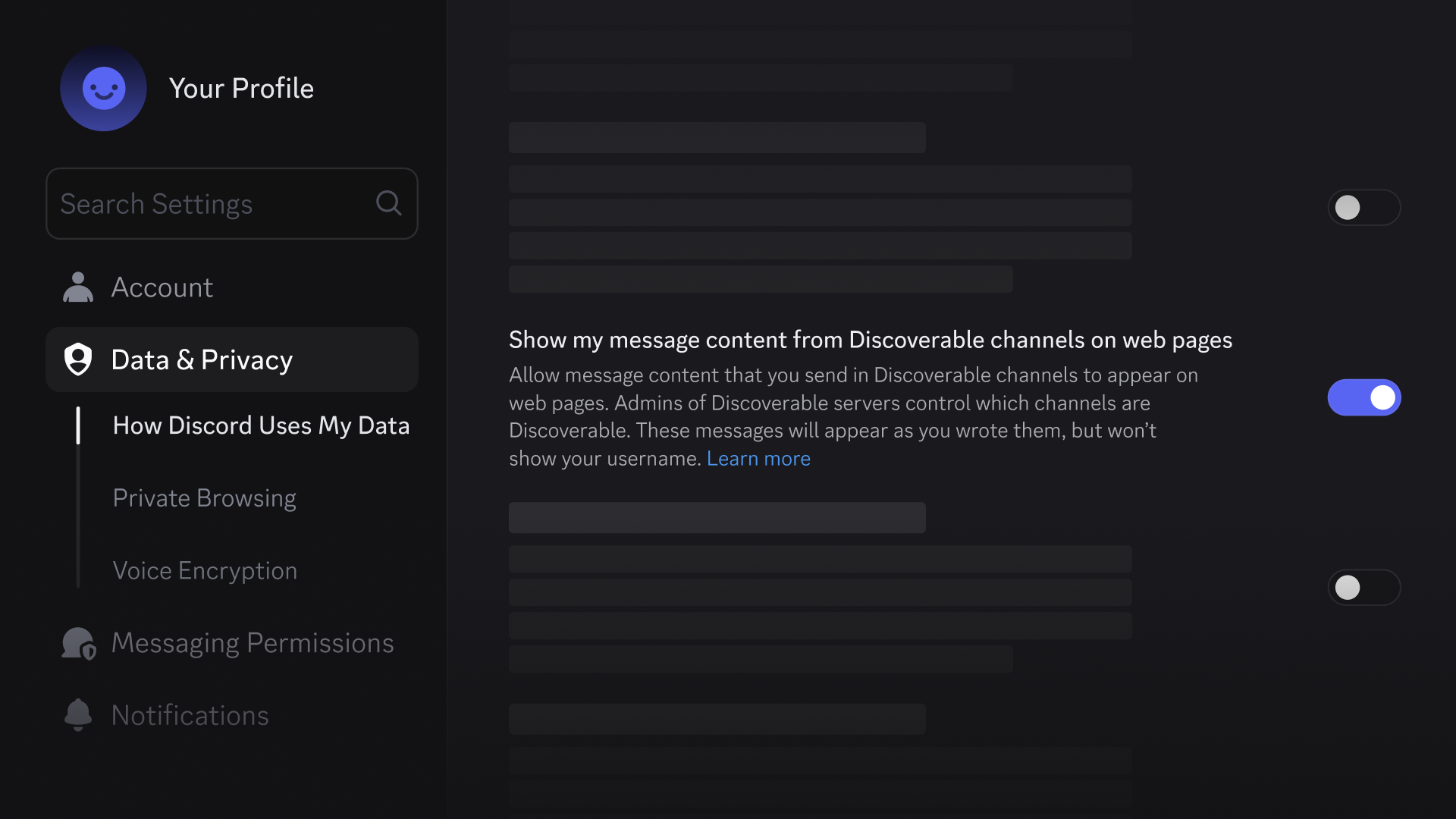 Новый вариант "Show my message content from Discoverable channels on web pages," расположенный в User Settings > Data and Privacy.