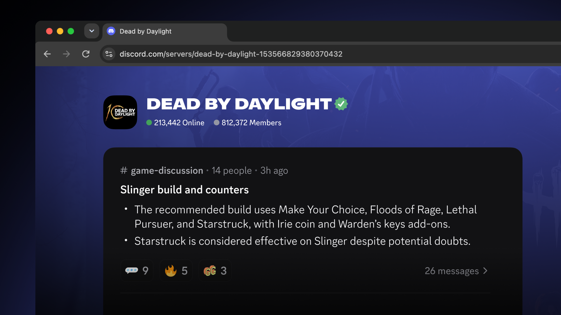 Крупный план того, как Conversation Summary выглядит на Server Web Page Dead by Daylight, показывая несколько ключевых выводов и реакции эмодзи в разговоре.